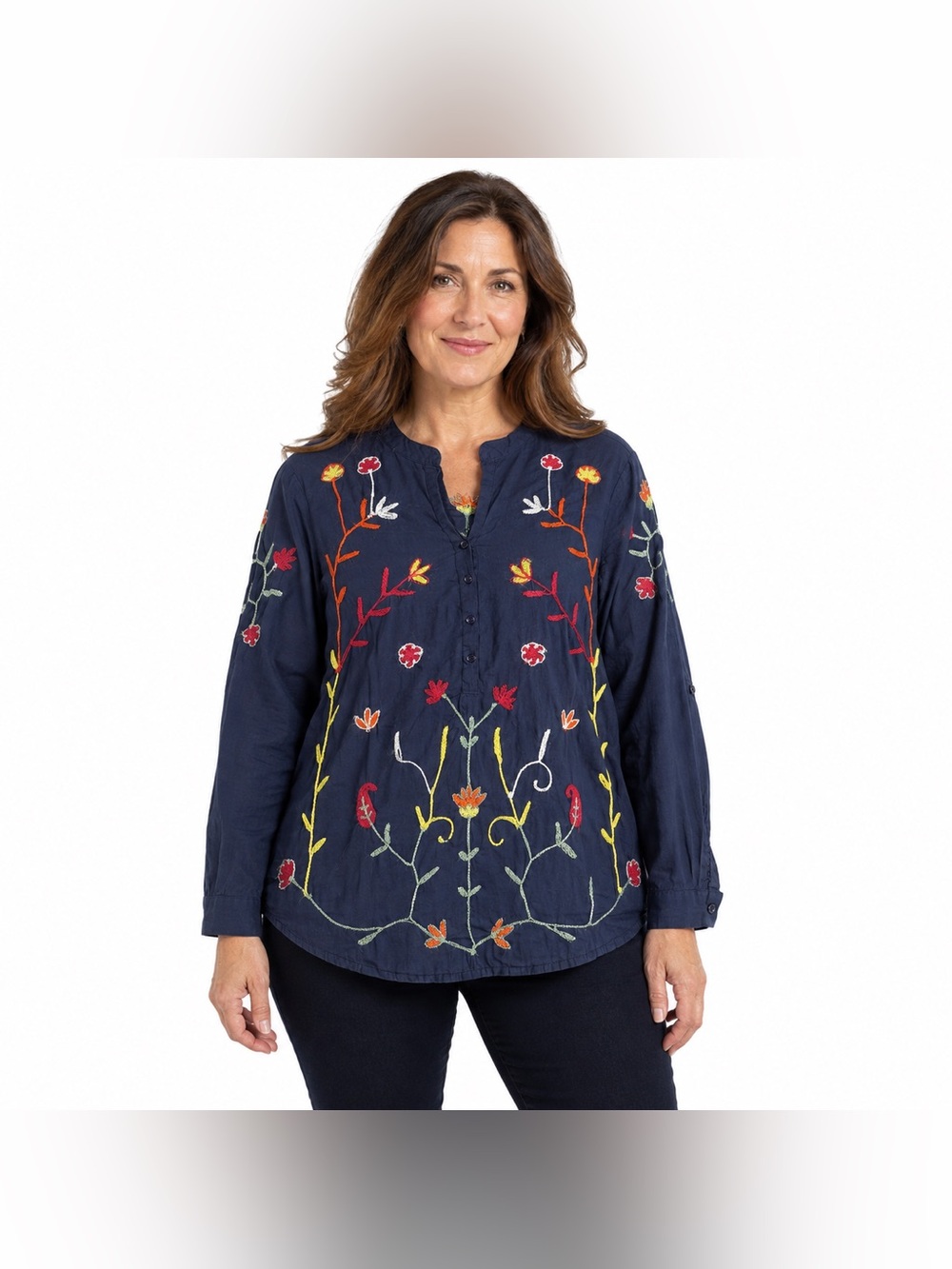 Cotton Daisy Navy Floral Embroidered Cotton Tunic Blouse Size L